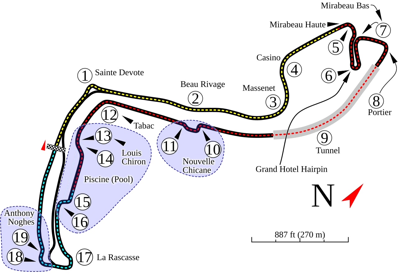 Grand Prix Circuit(2015–present)(Tabac moved slightly)3.337 km (2.074 mi) timing layout