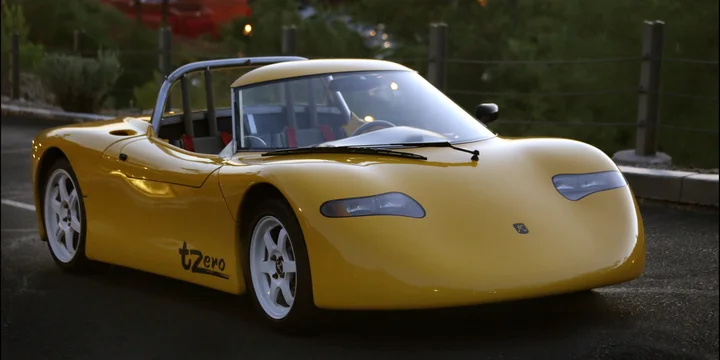 AC Propulsion tZero. Photograph by Pete Gruber, CC BY-SA 4.0. https://commons.wikimedia.org/wiki/File:Tzero_-_The_first_Tesla_vehicle.jpg Cropped to 2:1.